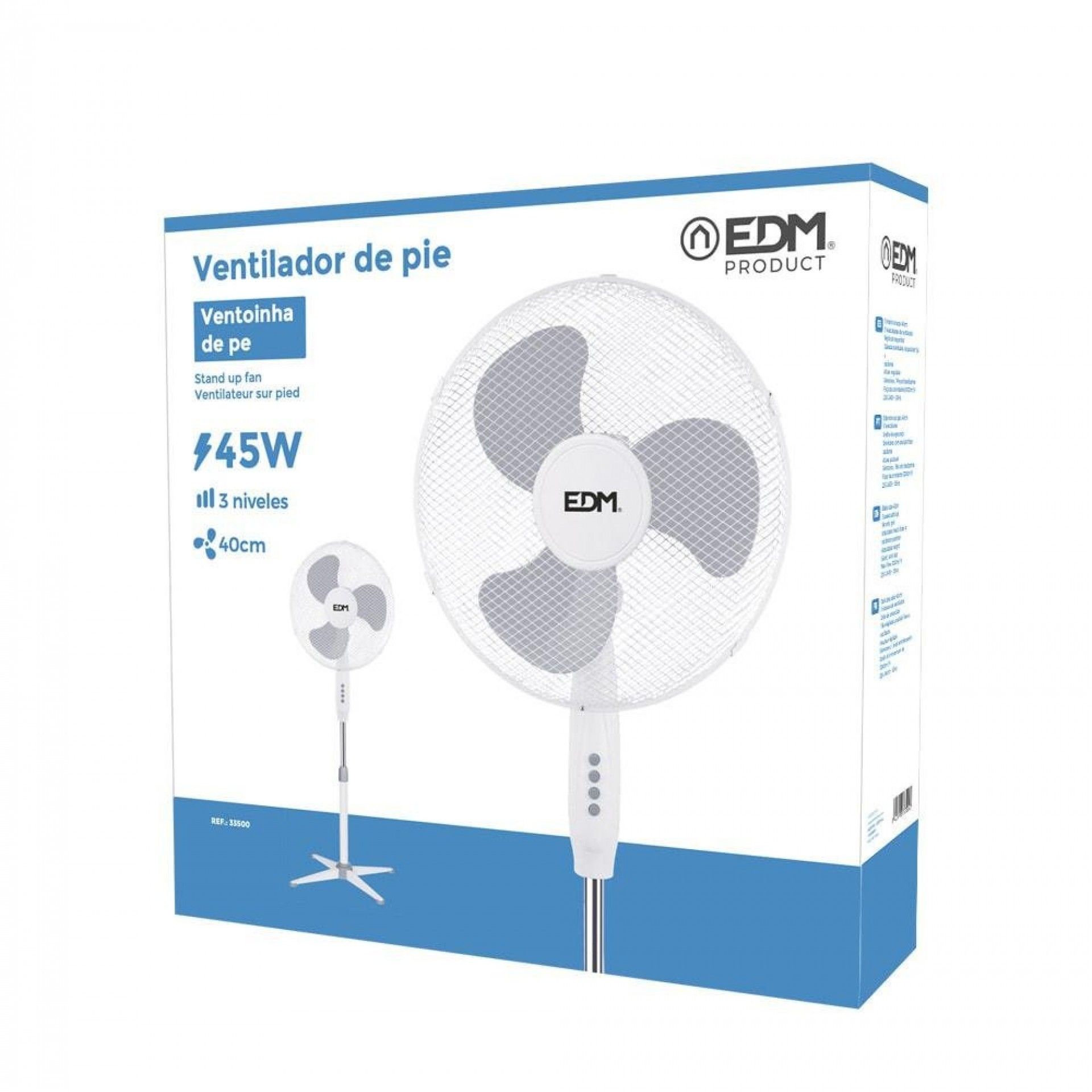 Ventoinha de pé. cor branco potência: 45w aspas: ø40cm. altura regulável 105-125cm refª 33500 EDM