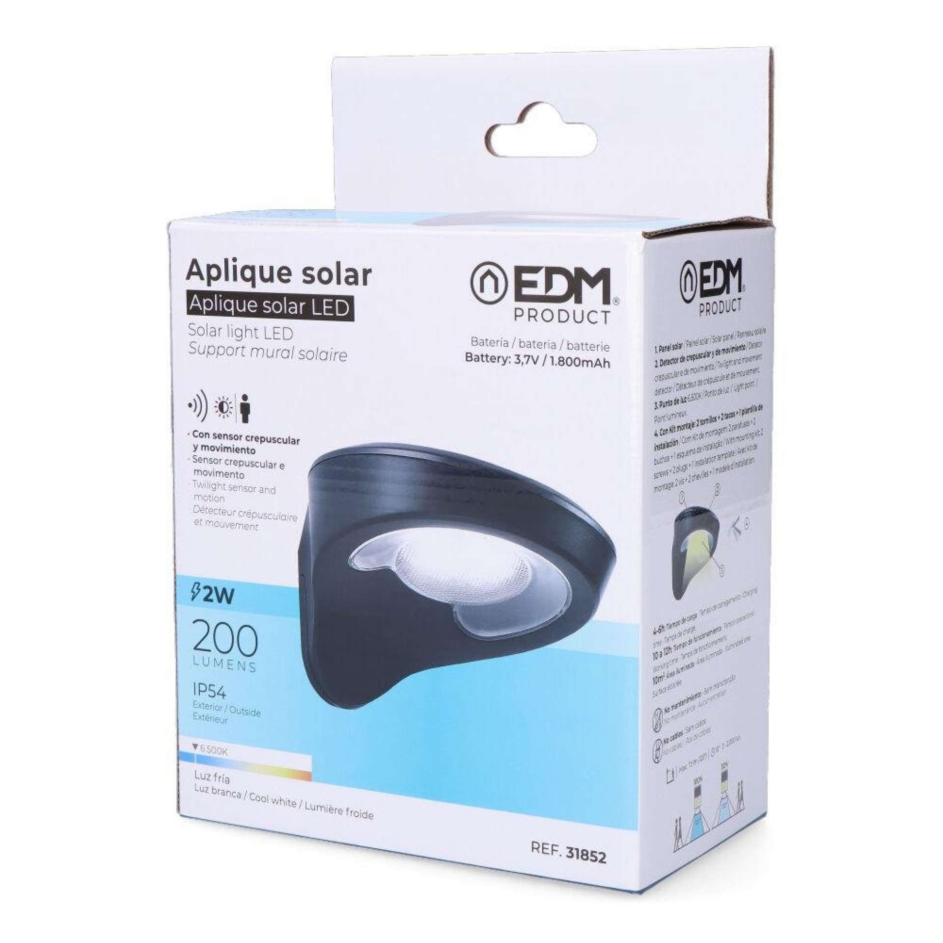 Candeeiro solar 2w 200lm 6500k com sensor cor preto refª 31852 EDM