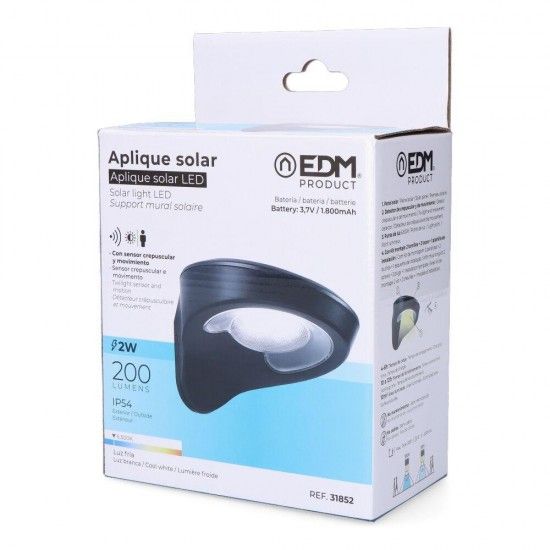 Candeeiro solar 2w 200lm 6500k com sensor cor preto refª 31852 EDM Candeeiro solar 2w 200lm 6500k com sensor cor preto refª 31852 EDM