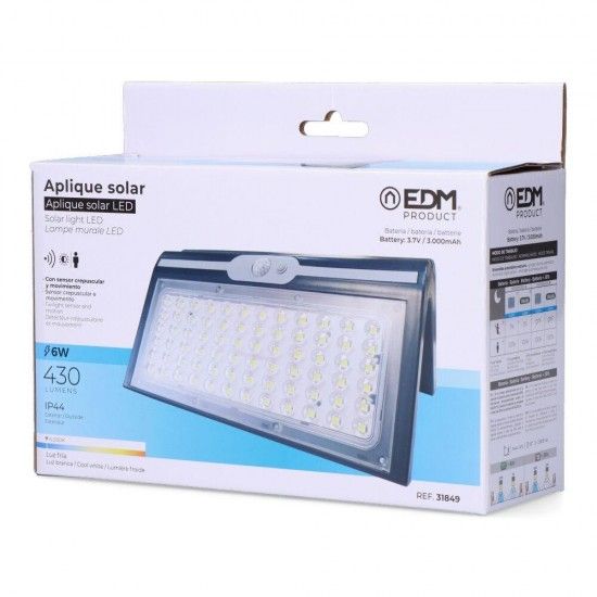 Candeeiro de parede solar 6w 430lm 6.500k com sensor cor preto ref 31849 EDM