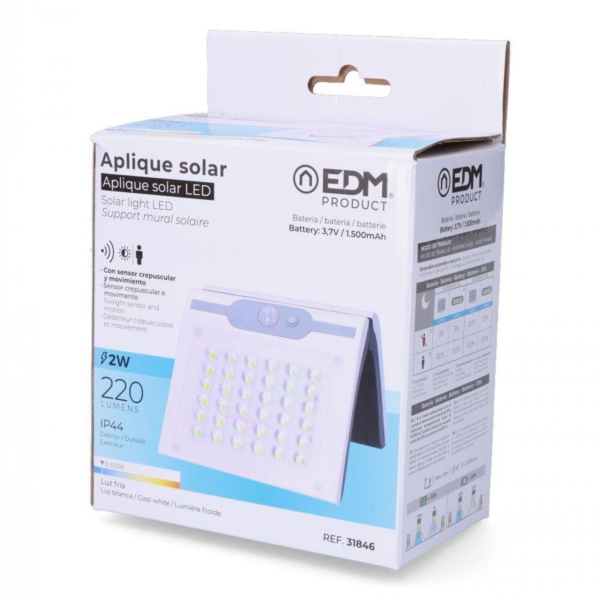 Candeeiro de parede solar 2w 220lm 6.500k com sensor cor branco refª 31846 EDM