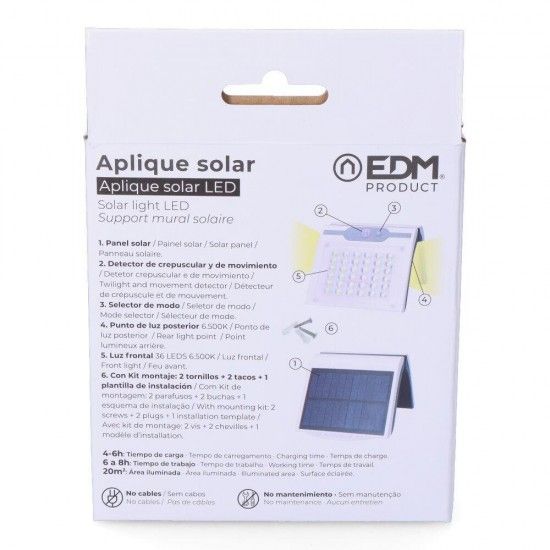 Candeeiro de parede solar 2w 220lm 6.500k com sensor cor branco refª 31846 EDM Candeeiro de parede solar 2w 220lm 6.500k com sensor cor branco refª 31846 EDM