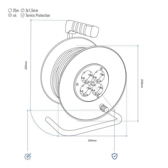 Extensão com enrolador com proteção térmica 3x1,5mm 25m 4 tomadas refª 20115 EDM Extensão com enrolador com proteção térmica 3x1,5mm 25m 4 tomadas refª 20115 EDM