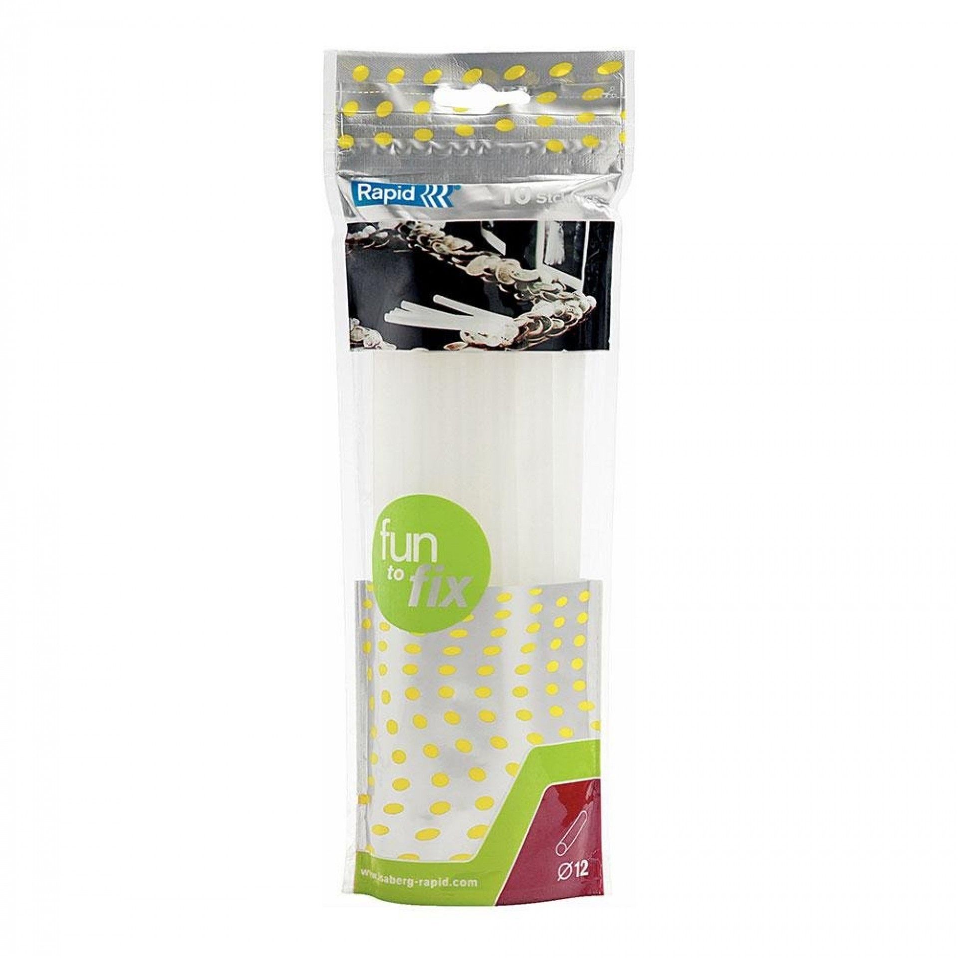 Saco 10 tubos de cola fun to fix transparente ø12x190mm 23499500 refª 19813 RAPID