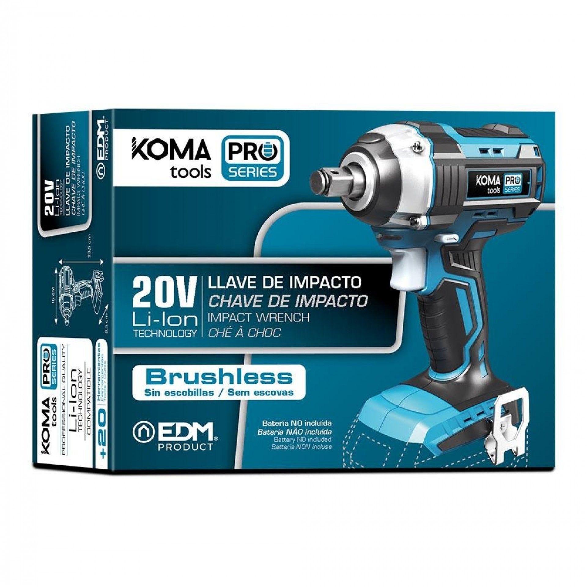 Chave de impacto 20v brushless (sem bateria e carregador) 16x23,5cm refª 08783 KOMA TOOLS
