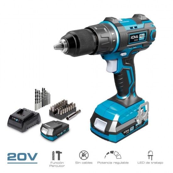 Kit de broca de martelo/chave de fenda de 20v com 2 baterias de 2.0a e carregador de bateria 22,5x20