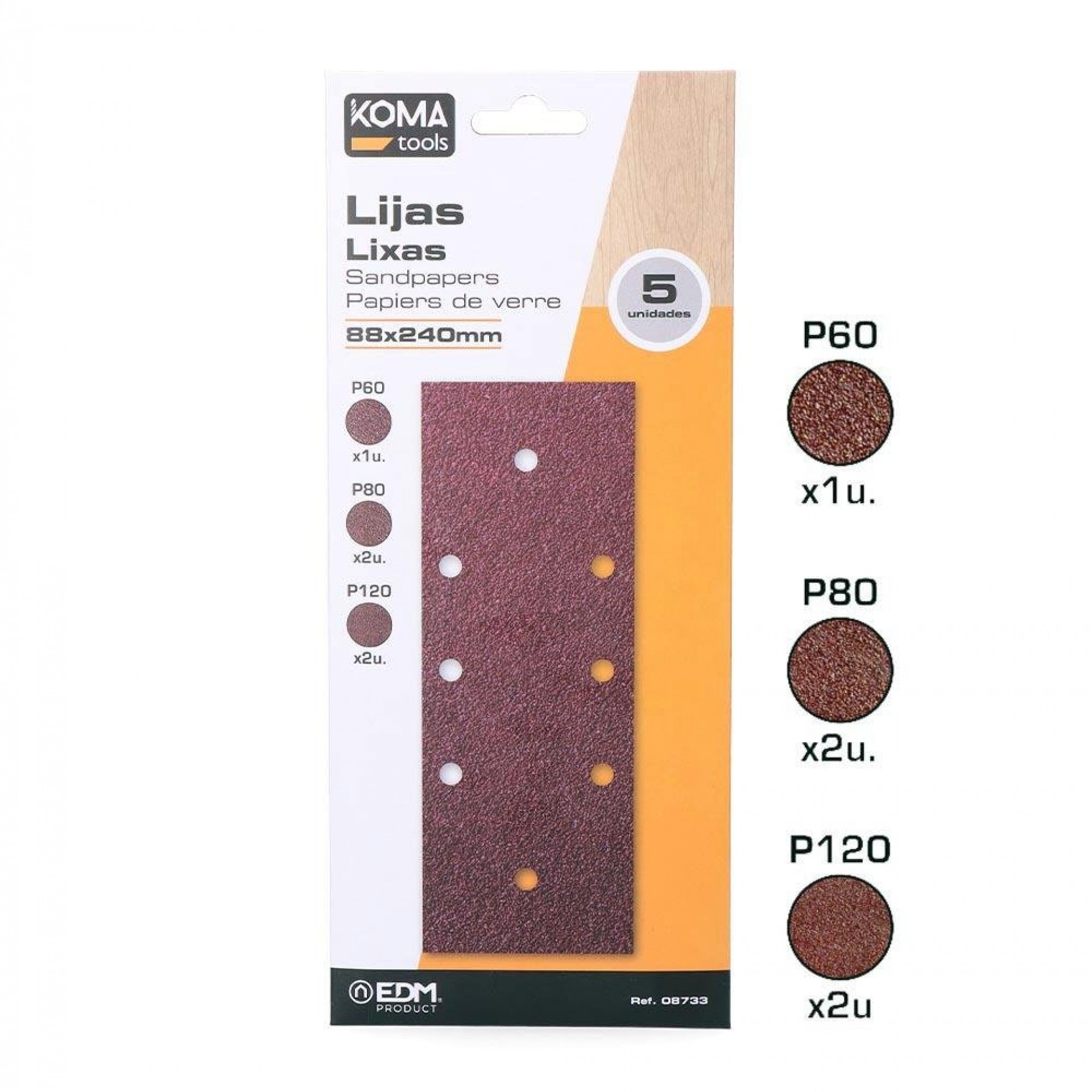 Set 5 folhas de lixa para orbital 08706 refª 08733 KOMA TOOLS