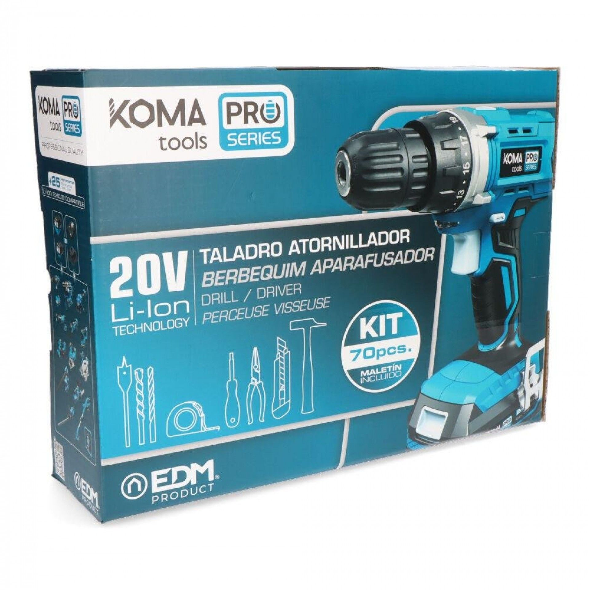 Kit mala berbequim aparafusador com 70 acessórios 20v com bateria e carregador refª 08375 KOMA TOOLS