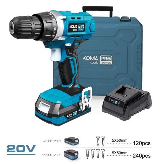 Kit berbequim aparafusador com 40 acessórios 20v com bateria e carregador refª 08374 KOMA TOOLS Kit berbequim aparafusador com 40 acessórios 20v com bateria e carregador refª 08374 KOMA TOOLS
