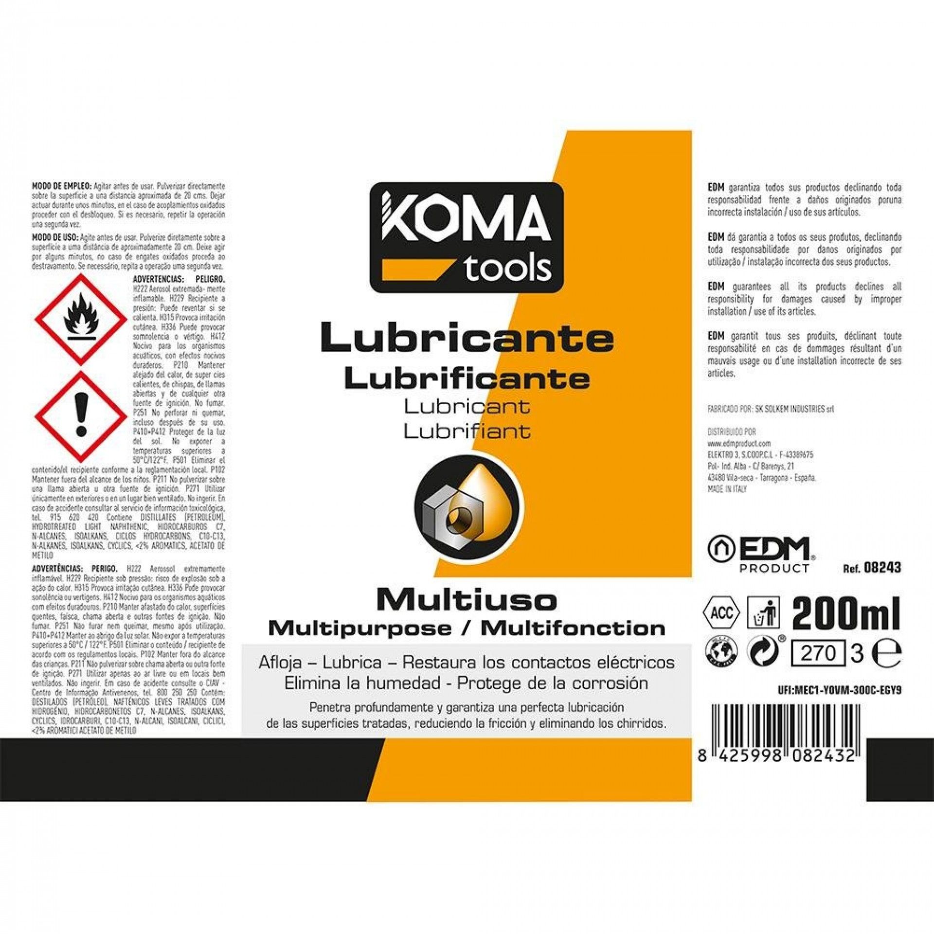 Lubrificante multiúsos spray 200ml refª 08243 KOMA TOOLS