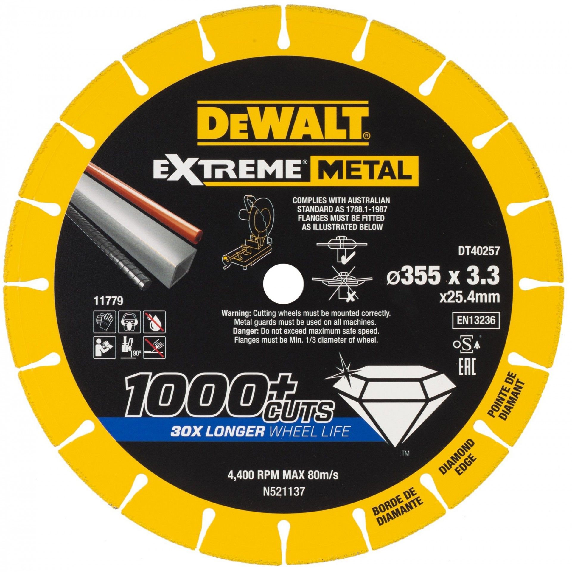 Disco de corte com a borda diamantado Extreme Metal 355x3.3x25.4mm refª DT40257-QZ DEWALT