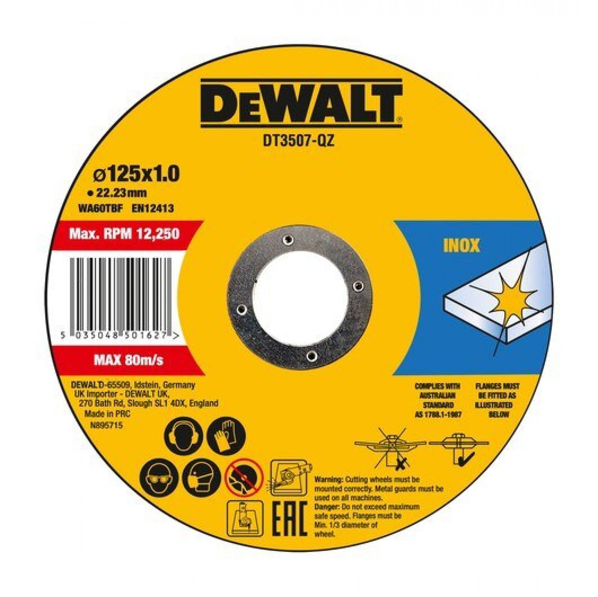 Disco de corte de alto desempenho para aço inox 125 x 1 x 22.23 mm refª DT3507-QZ DEWALT