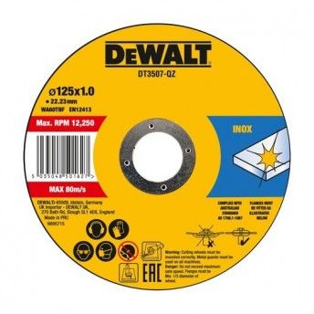 Disco de corte de alto desempenho para ao inox 125 x 1 x 22.23 mm ref DT3507-QZ DEWALT