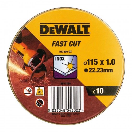 Lata com 10 discos de corte de alto desempenho para ao inox 115 x 1 x 22.23 mm ref DT3506-QZ DEWAL