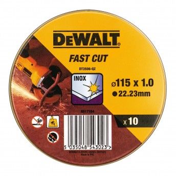 Lata com 10 discos de corte de alto desempenho para ao inox 115 x 1 x 22.23 mm ref DT3506-QZ DEWAL