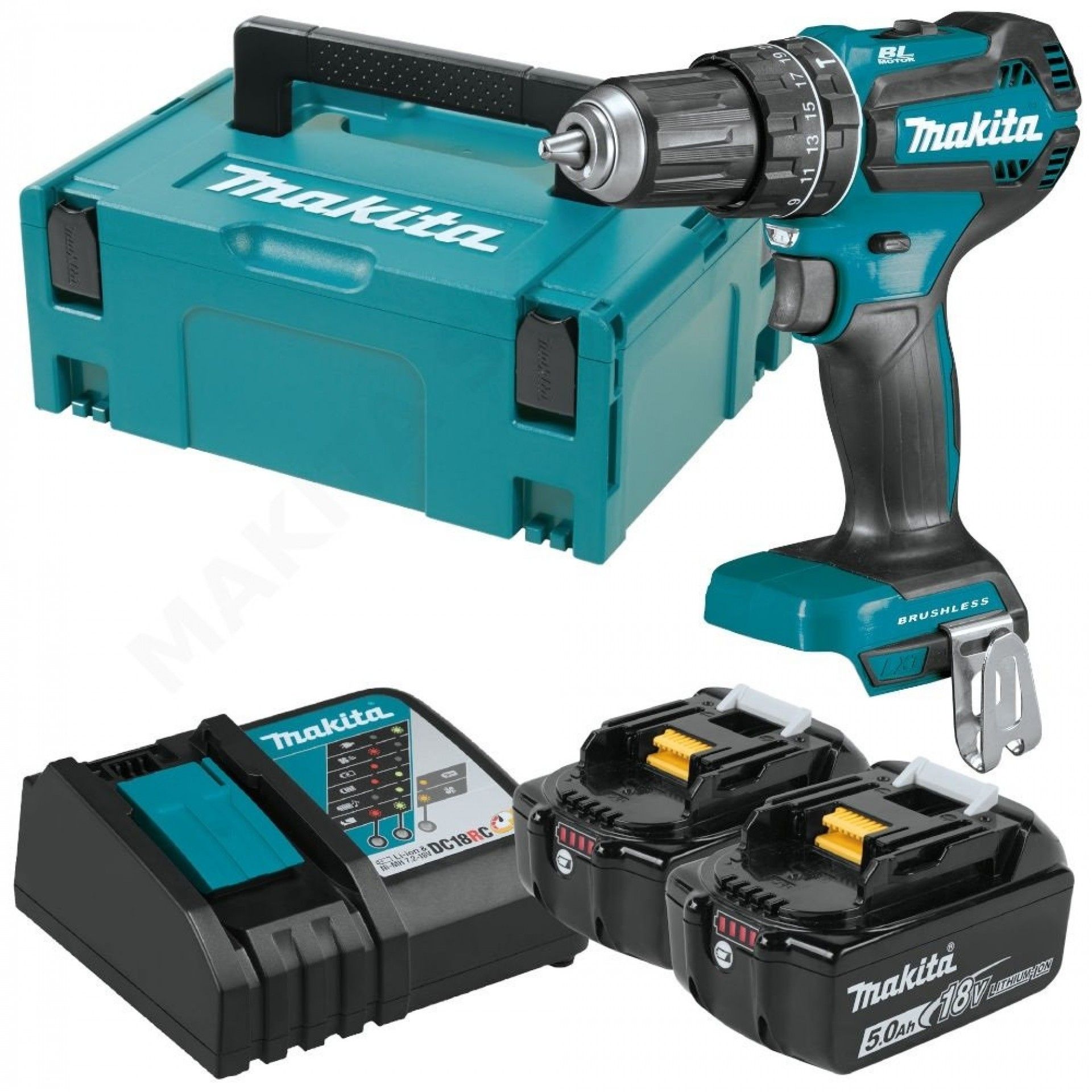 Aparafusadora c/percussão BL 18V LXT 50Nm 2 baterias 5.0Ah e Makpac refª DHP485RTJ Makita