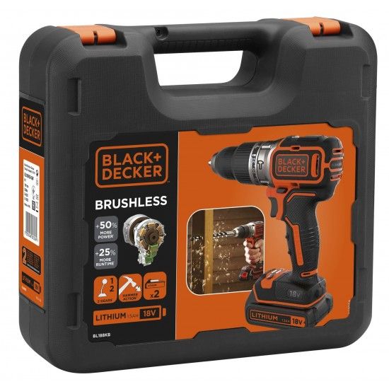 Aparafusadora com Percussão Brushless 18V 1.5Ah com 2 baterias e mala refª BL188KB BLACK DECKER Aparafusadora com Percussão Brushless 18V 1.5Ah com 2 baterias e mala refª BL188KB BLACK DECKER