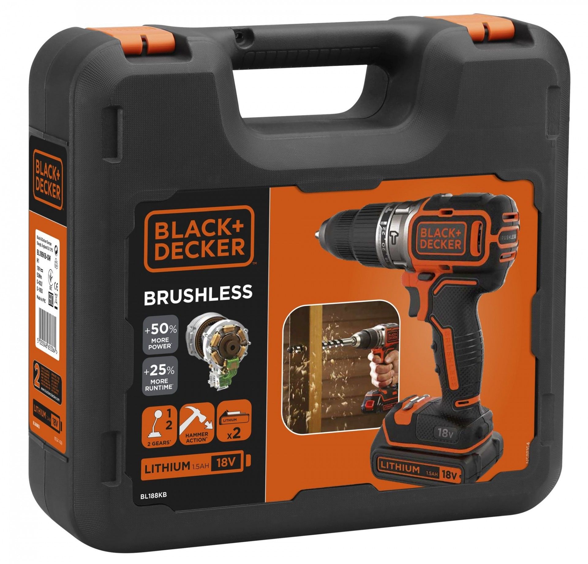 Aparafusadora com Percussão Brushless 18V 1.5Ah com 2 baterias e mala refª BL188KB BLACK DECKER