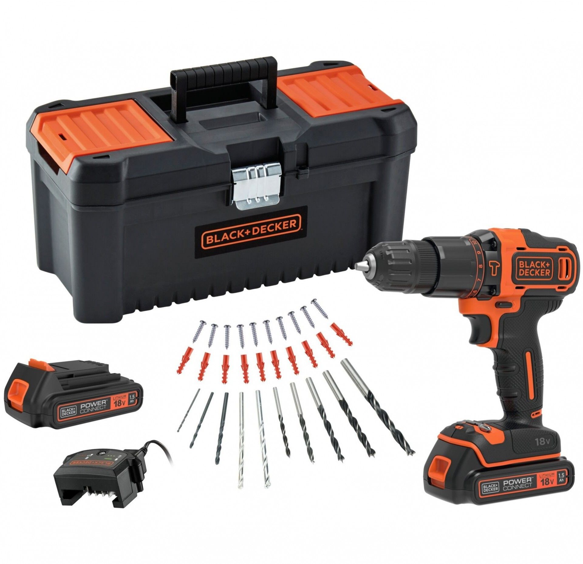 Aparafusadora Black Decker c/percussão 18V, 2 baterias de 1.5Ah, carregador e 30 acessórios em mala