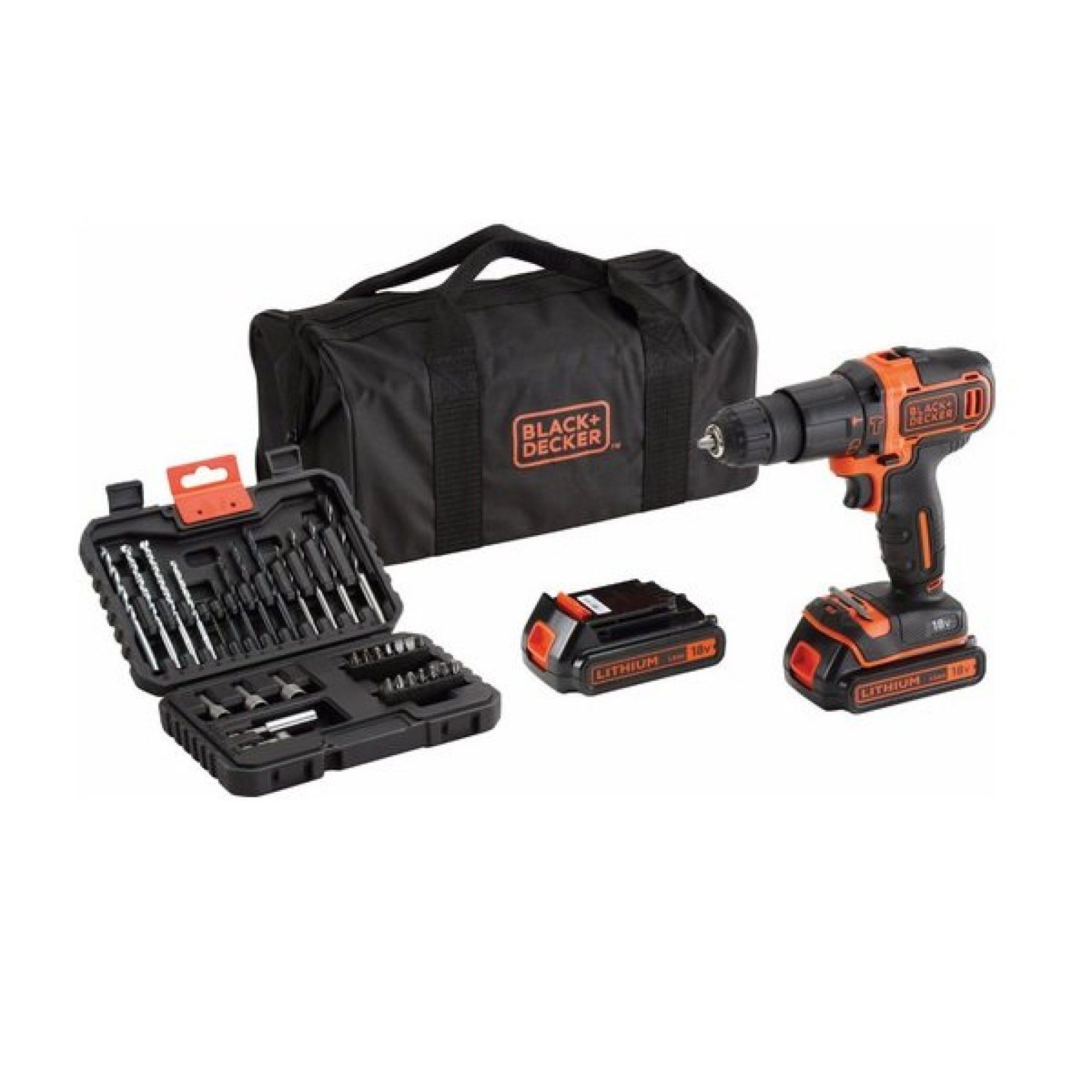 KIT APARAFUSADORA 18V 2x1.5Ah C/PERCURSÃO + ACESSORIOS BDCHD18BS32-QW BLACK DECKER