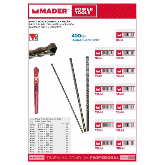 Broca Ponta Diamante para Betão, 8x400mm refª 95700 MADER Broca Ponta Diamante para Betão, 8x400mm refª 95700 MADER