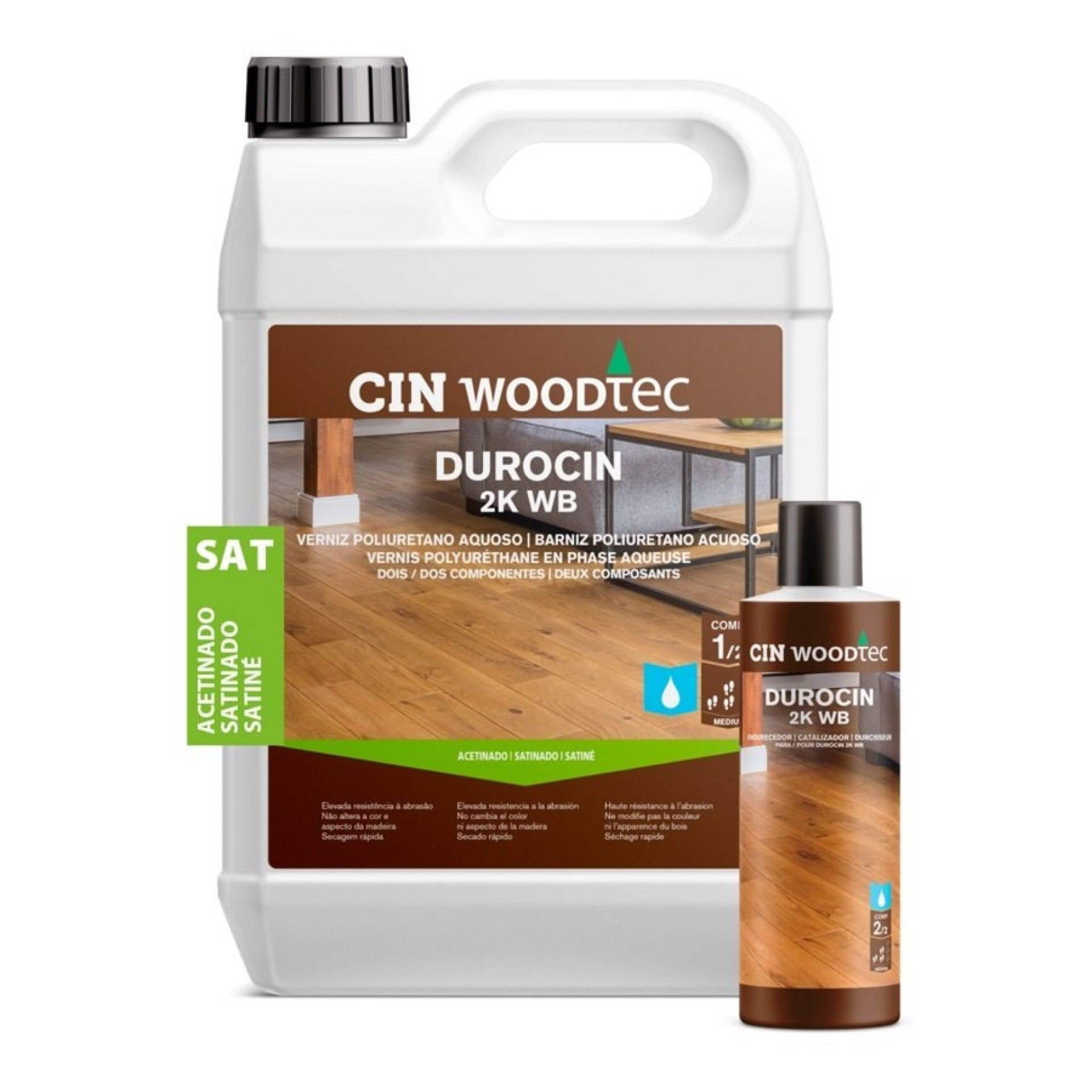 Verniz poliuretano aquoso acetinado bi-componente 5L + Cura 0.5L DUROCIN 2K WB refª 77-081+77-099 C