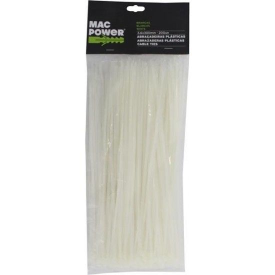 Abraadeira Branca Plstica, 3.6x300mm, 200Un  ref 66539 MAC POWER