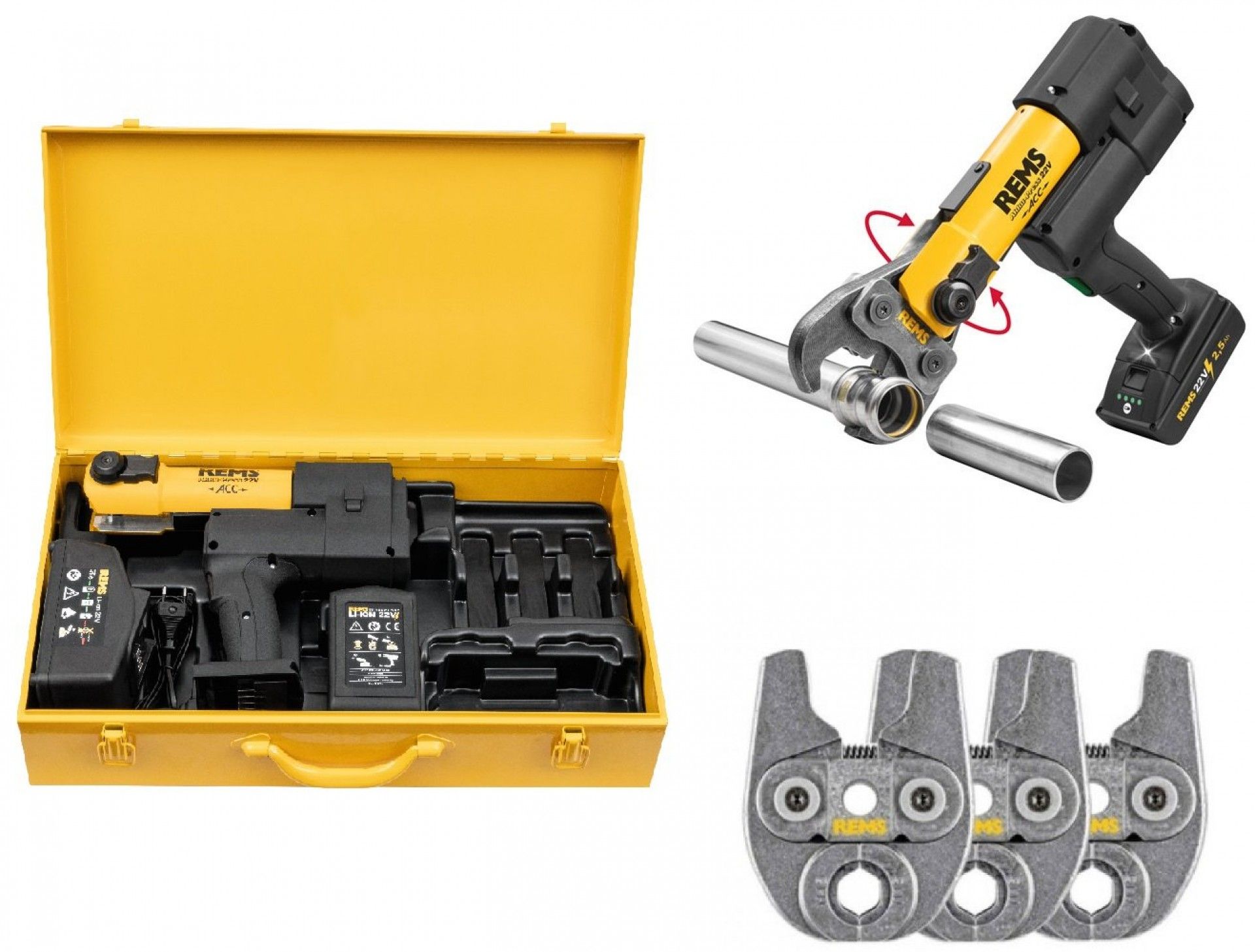 Kit prensadora Akku-Press 22v ACC-Aktion + 3Tenazes (U20, U25, U32) refª 576X03 R220 Rems