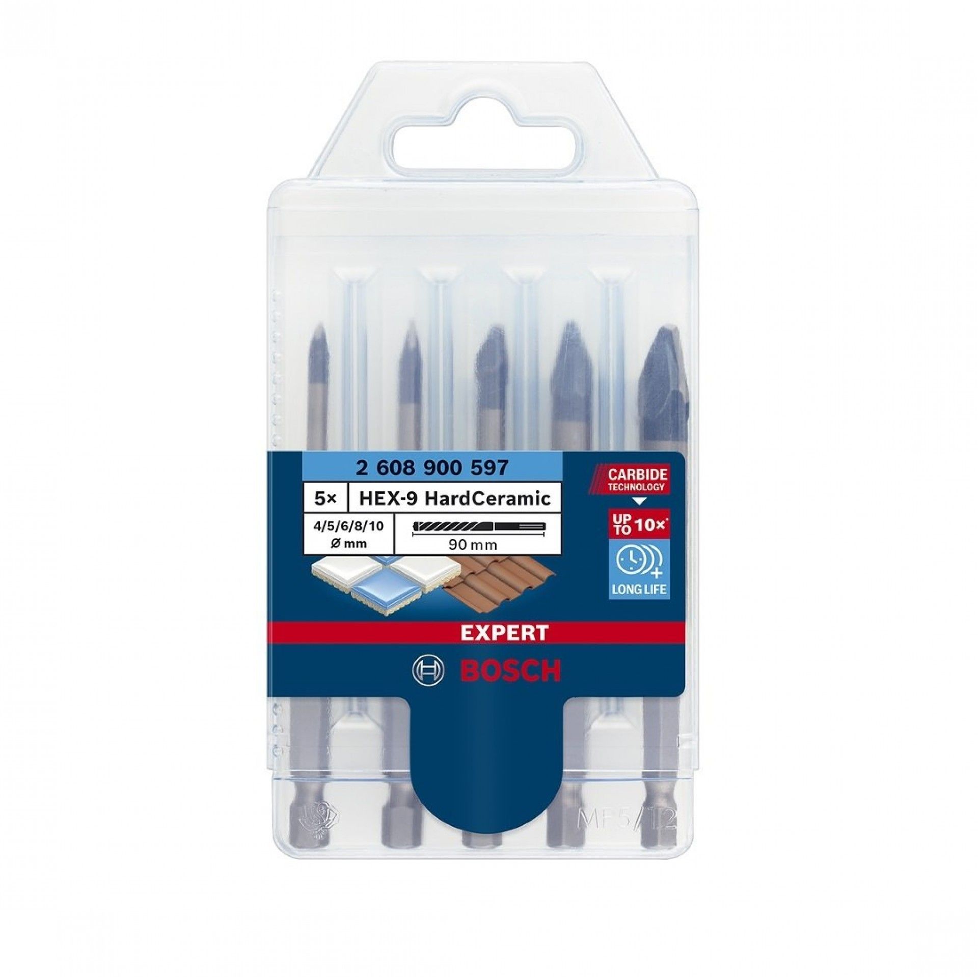 KIT de brocas HEX-9 EXPERT HardCeramic, 4/5/6/8/10 mm, 5PÇ refª 2.608.900.597 BOSCH