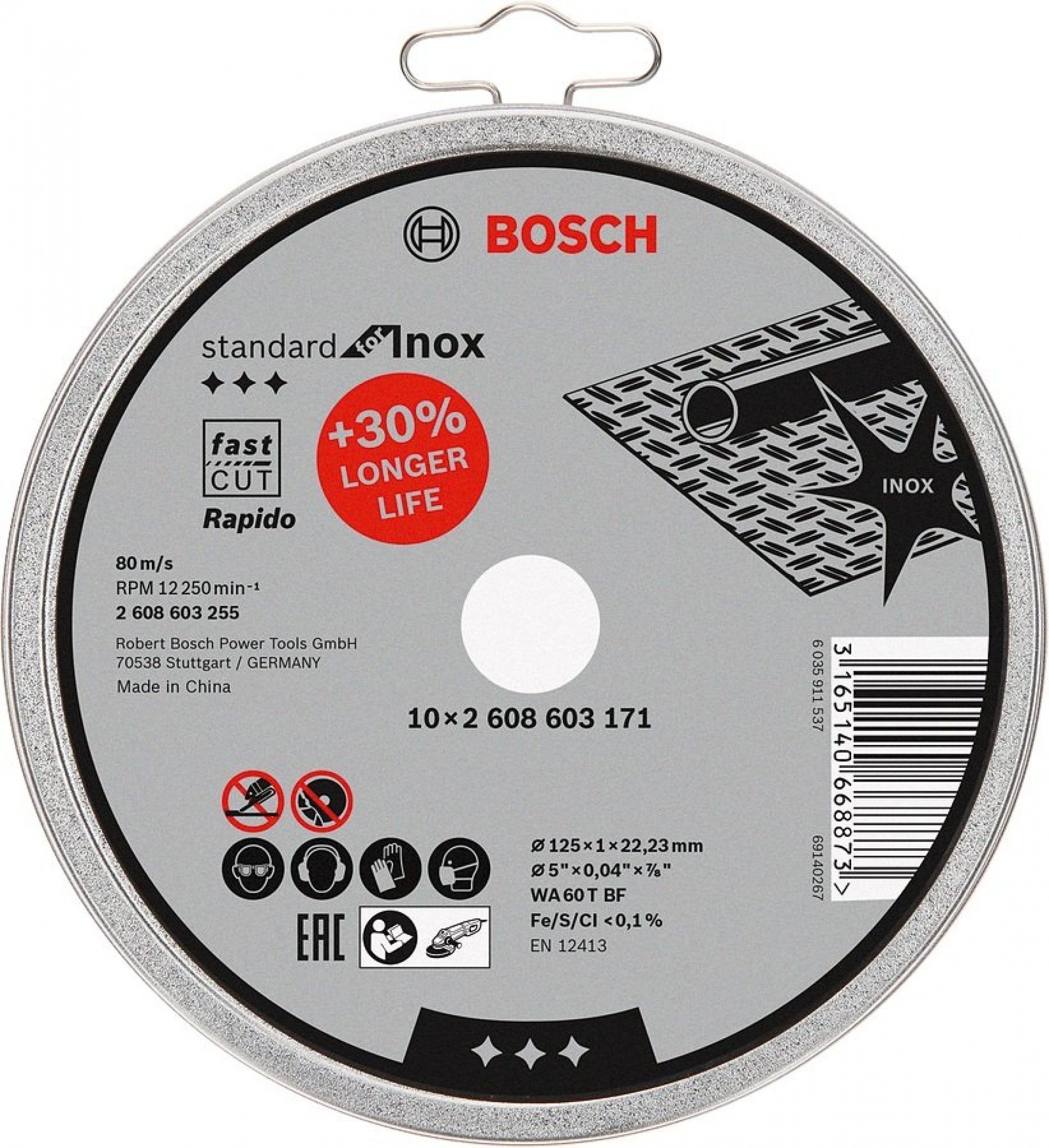 DISCO CORTE INOX 125mm LATA 10PÇ REF 2.608.603.255 BOSCH