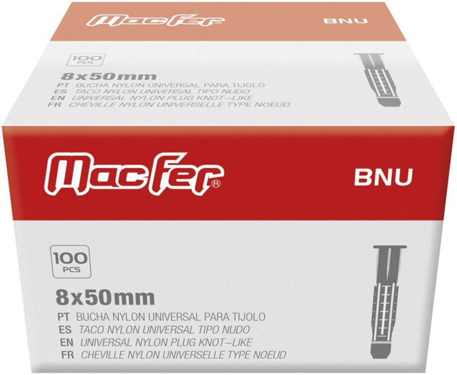 Bucha nylon uni. p/ tijolo mf BNU 8x50mm refª 121.0018 MACFER