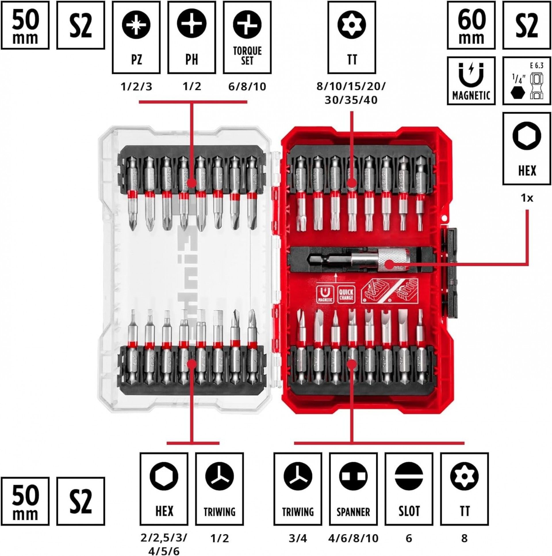 Kit bits e acessórios ¼ Hex M-case 33pç refª 118903 Einhell