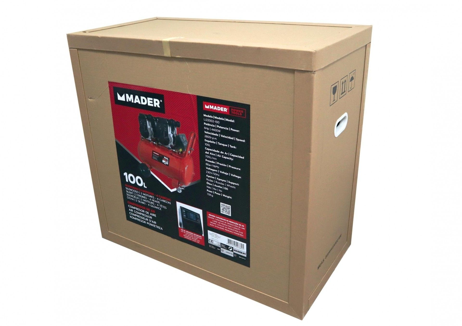 Compressor de Ar, Monobloco, 100L, 6HP, 4 Cabeças - 2 Motores, LCD refª 09389 MADER