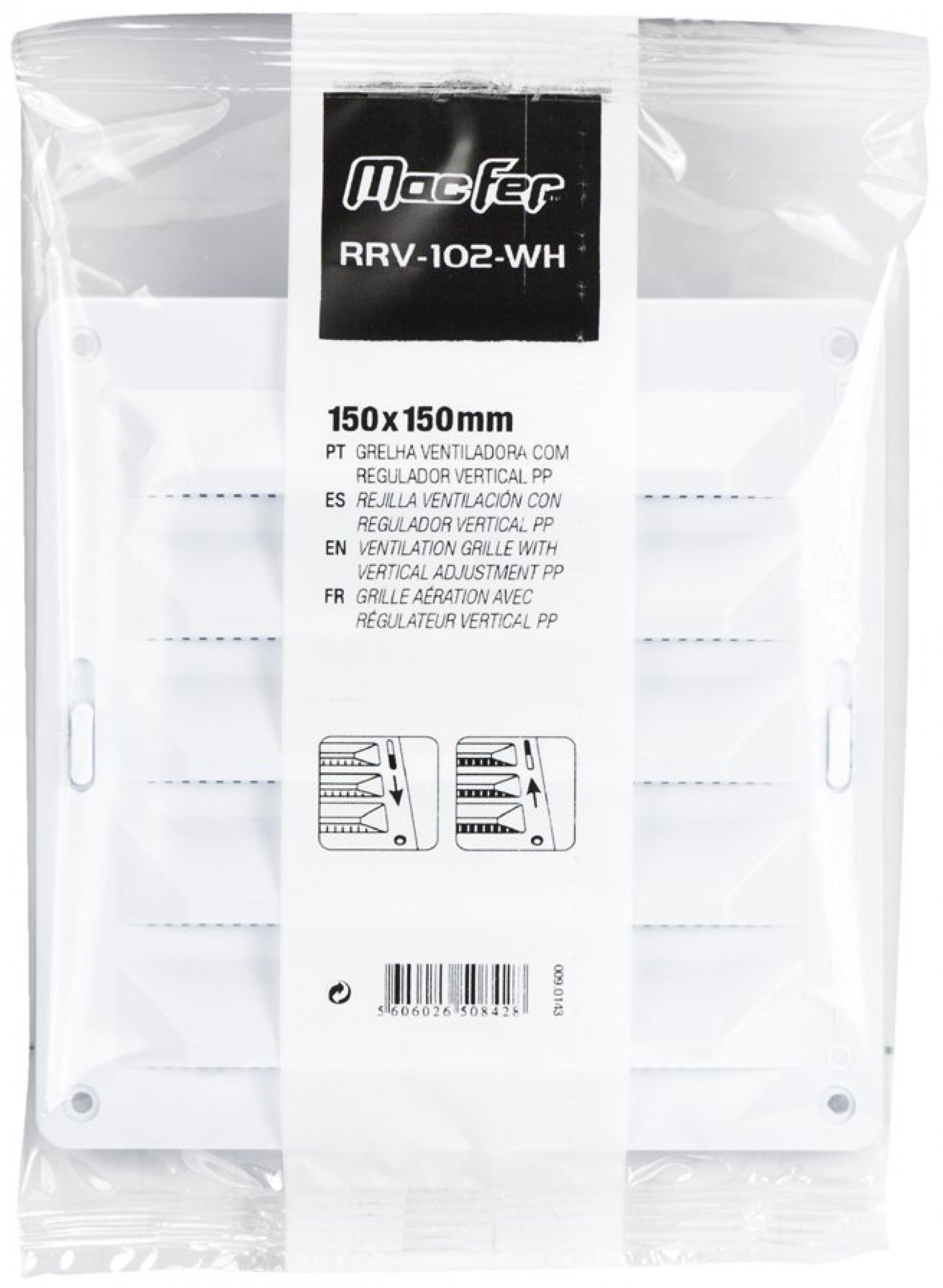 Grelha ventiladora com regulador vertical PP RRV-102-WH 150x150mm branca refª 009.0143 MACFER