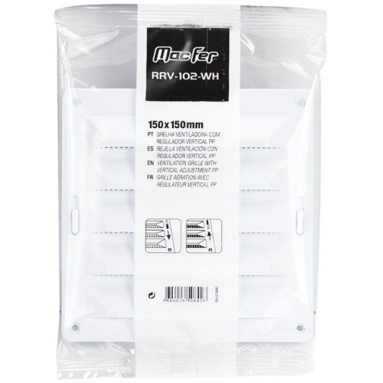 Grelha ventiladora com regulador vertical PP RRV-102-WH 150x150mm branca refª 009.0143 MACFER Grelha ventiladora com regulador vertical PP RRV-102-WH 150x150mm branca refª 009.0143 MACFER