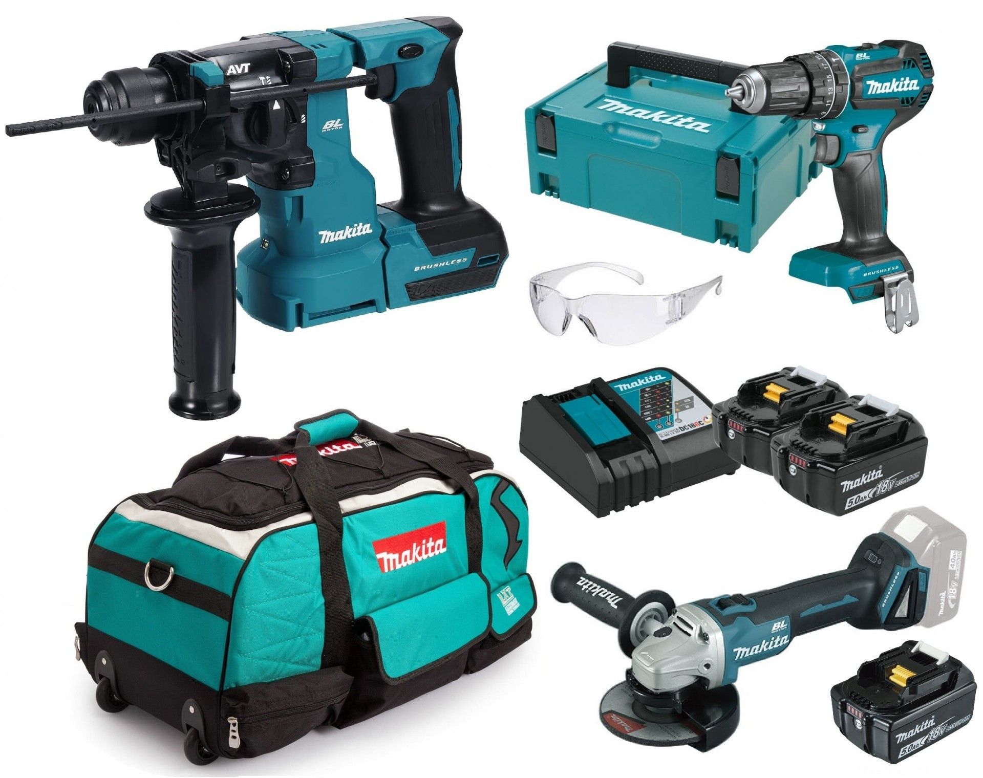 Kit Aparafusadora DHP485 + Martelo DHR183Z +Rebarbadora DGA504Z + 3 baterias 5.0Ah + carregador + ó