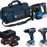 Kit ferramentas sem fio Aparafusadora GSR 18V-65 + Chave impacto GDX 18V-285 + Martelo GBH 18V-22 Pr Kit ferramentas sem fio Aparafusadora GSR 18V-65 + Chave impacto GDX 18V-285 + Martelo GBH 18V-22 Pr