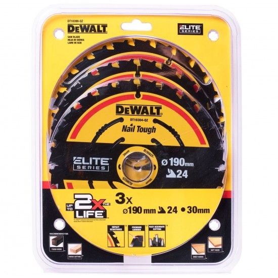 Pack 3 discos Ø190mm 24 Dentes Elite refª DT10399-QZ DEWALT Pack 3 discos Ø190mm 24 Dentes Elite refª DT10399-QZ DEWALT