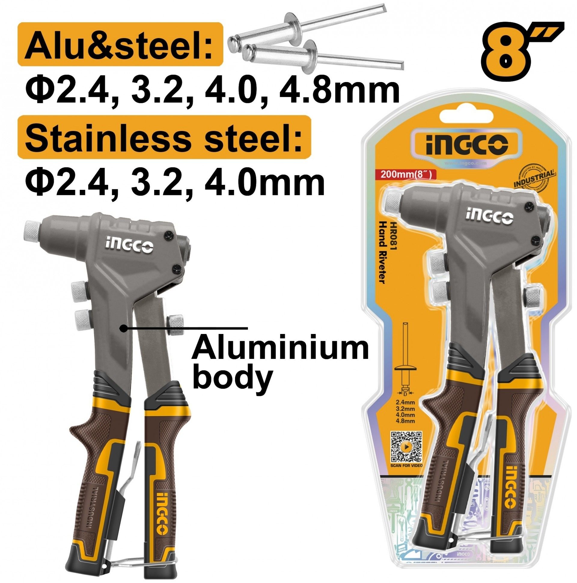 Alicate Rebitar Pro 200mm refª HR081 INGCO