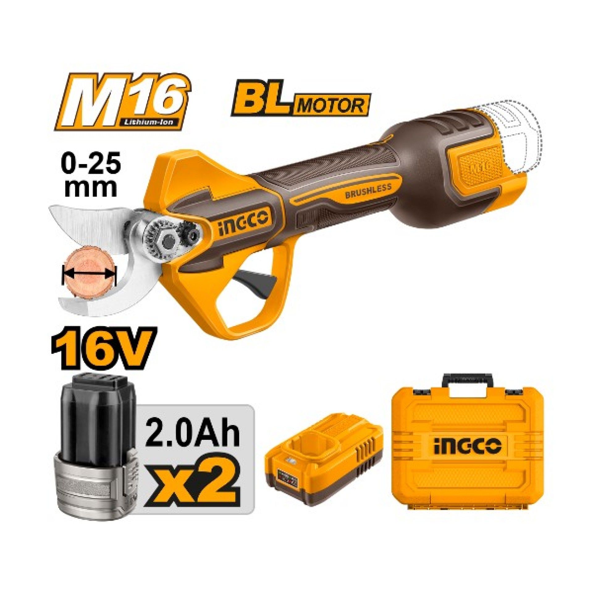Tesoura Poda 16V 25Cm + 2Bat 2A + Ca + Mala refª CSSLI162582E INGCO