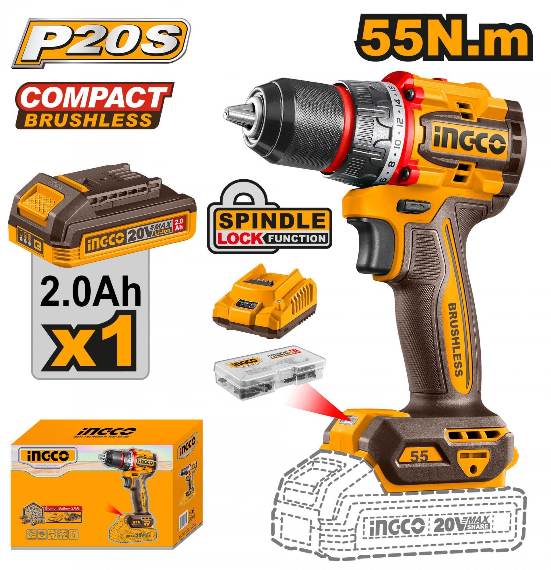 Aparafusadora 20V Brushless 55Nm + 1 Bat 2A + Ca + Mala refª CDLI205582E IngCo