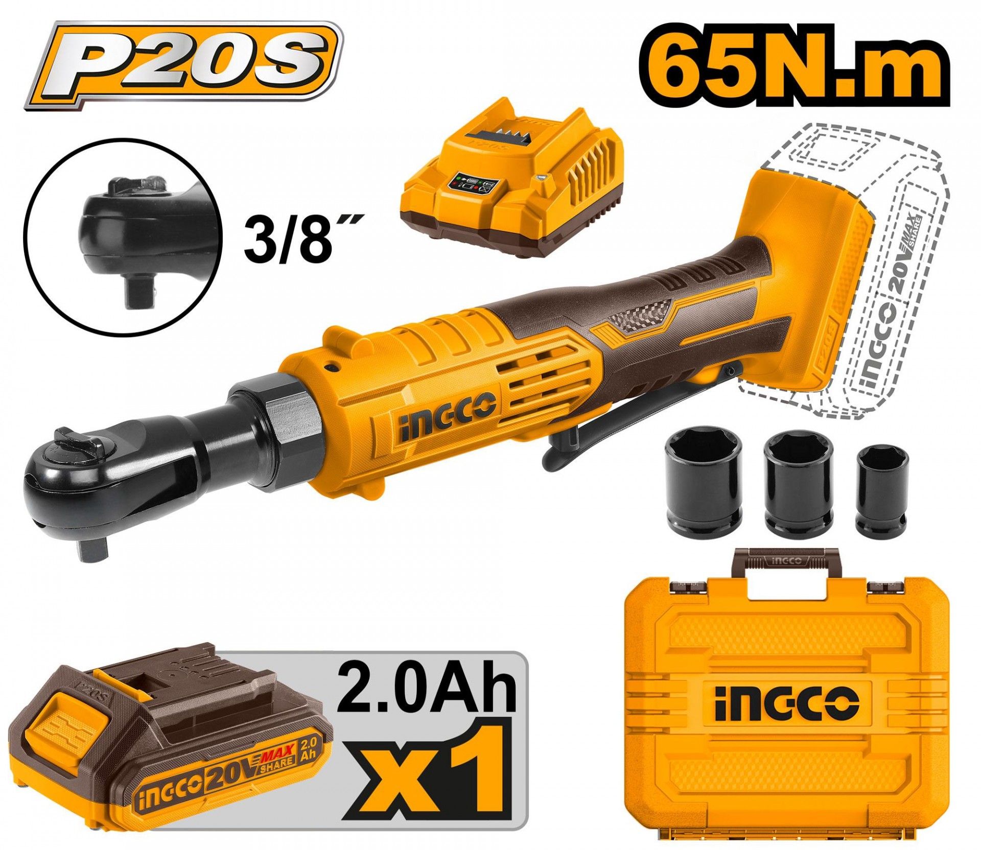 Chave Roquete 20V 65Nm + 1 Bat 2A + Ca + Mala refª CDRLI2060152 IngCo