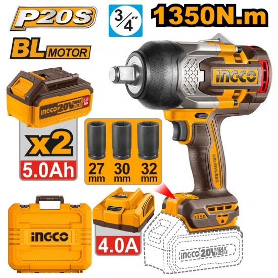 Chave De Impacto 20V brushless 1350Nm + 2 Bat 5A + Carregador + Mala  ref� CIWLI20135E IngCo