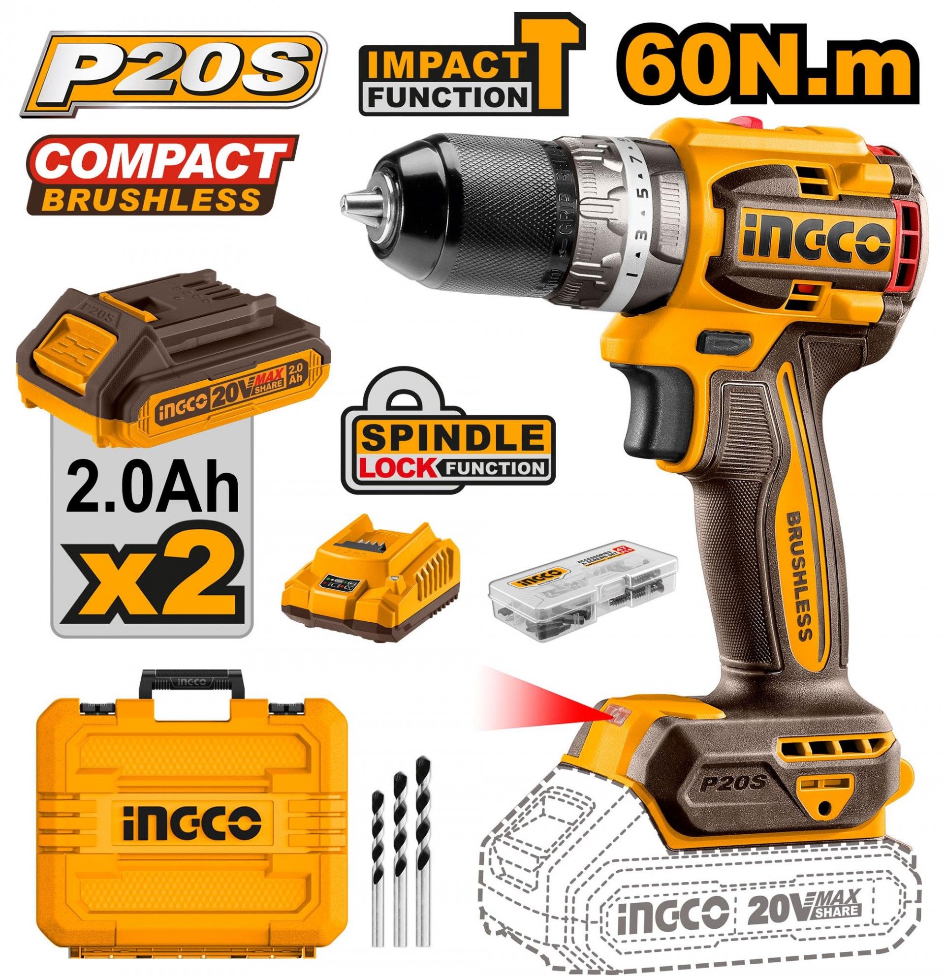 Aparafusadora 20V Brushless 60Nm + 2 Bat 2A + Ca + Mala refª CDLI20602E IngCo