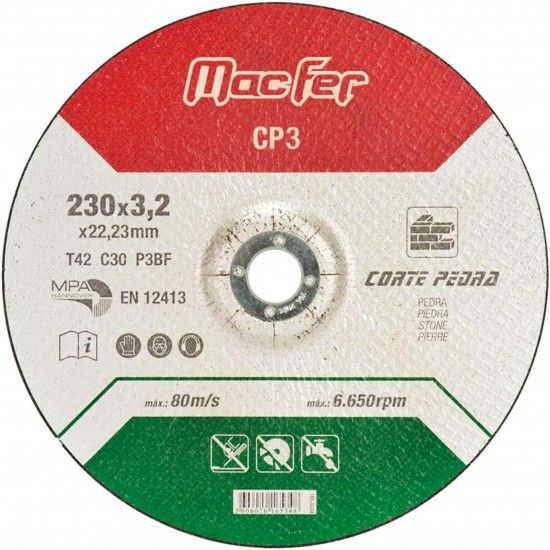Disco abrasivo corte pedra MacFer CP 230x3,2x22,23mm ref� 165.0034 MACFER