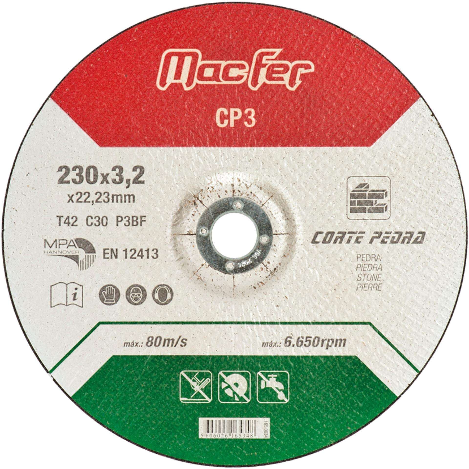 Disco abrasivo corte pedra MacFer CP 230x3,2x22,23mm refª 165.0034 MACFER