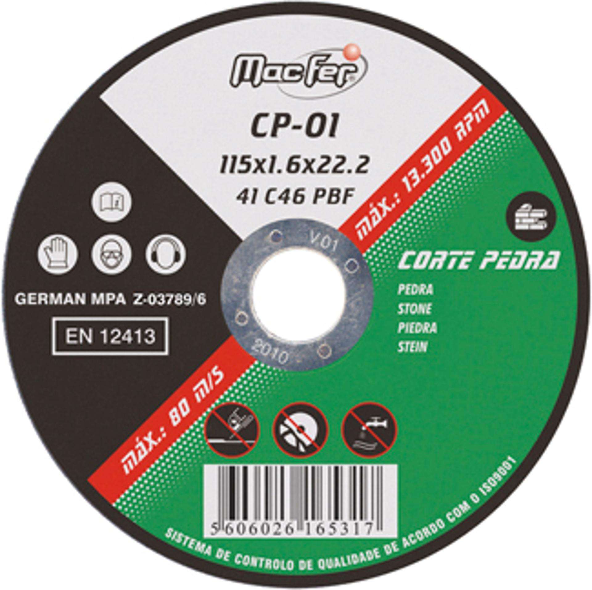 Disco abrasivo corte pedra MacFer CP 115x1,6x22,23mm refª 165.0031 MACFER