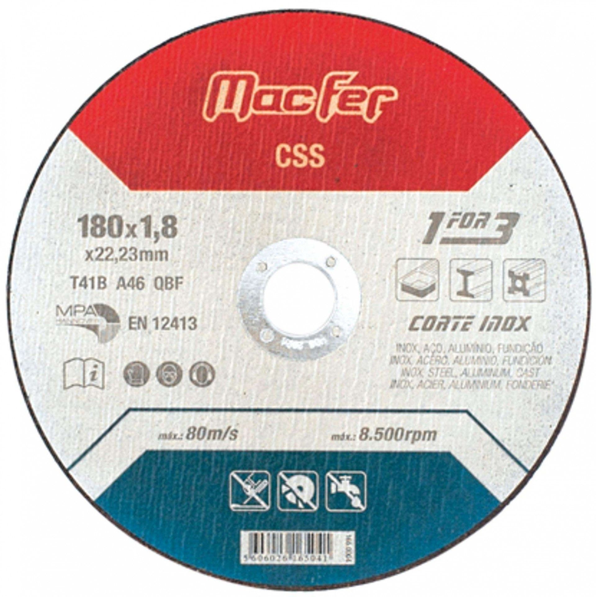 Disco abrasivo corte inox MacFer CSS 230x2,0x22,23mm refª 165.0005 MACFER