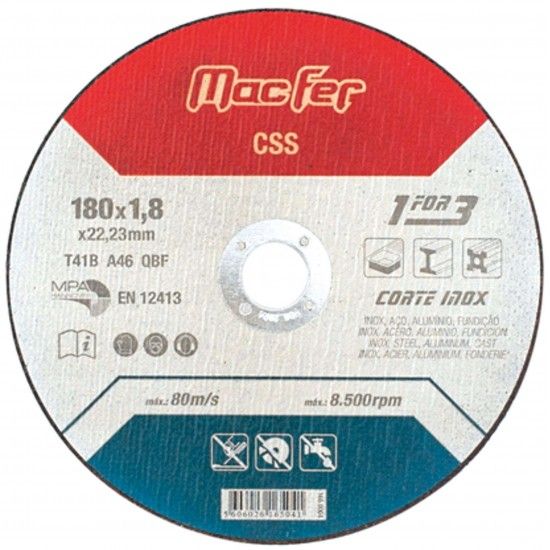 Disco abrasivo corte inox CSS 180x1,8x22,23mm ref� 165.0004 MACFER