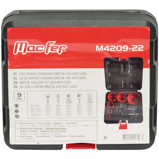 Jogo cranianas bimetal HSS-M42 M4209-22 9pçs refª 160.0073 MACFER Jogo cranianas bimetal HSS-M42 M4209-22 9pçs refª 160.0073 MACFER